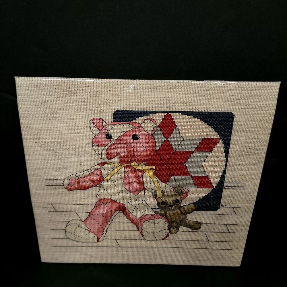 Completed Cross Stitch Pink Teddy Bear Quilt Nursery Room Needlework Handmade